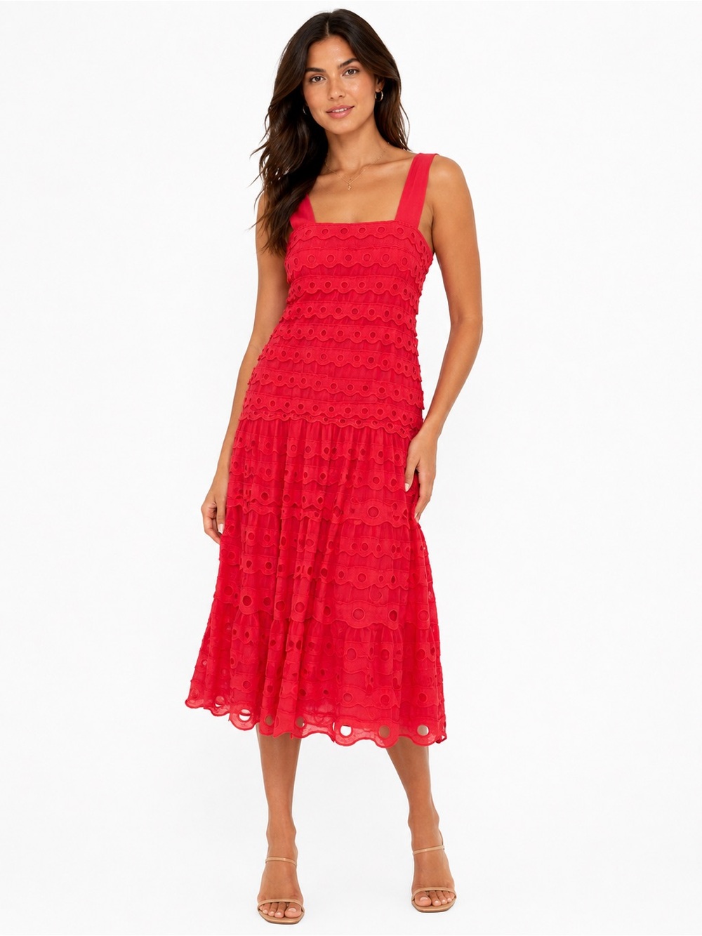 Anthropologie Red Eyelet Ruffle Midi Dress Size Small NWT